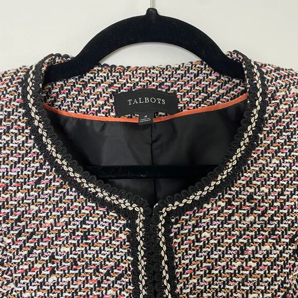 Talbots Grosgrain Trim Black Multicolored Peach Tweed Academia Cropped Jacket 4 - Picture 4 of 8